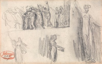 Donne e bambini in fuga e tre schizzi di una figura femminile in piedi da George Romney